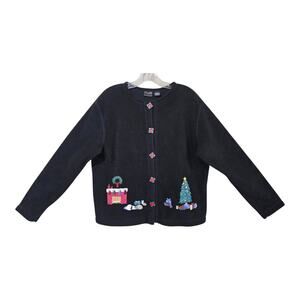 Vintage CHRISTMAS CARDIGAN Women's M Button Up Embroidered Fleece Holiday 42"